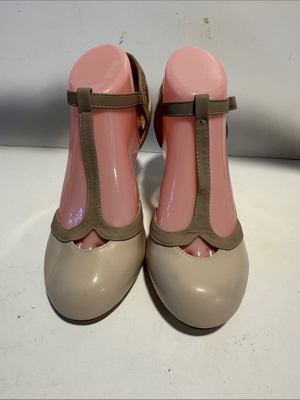 T-Strap Round Toe Pumps in Taupe - Feminine Everyday Heel